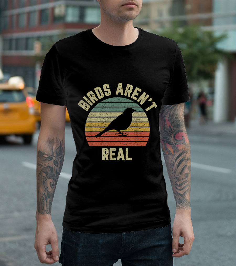 Birds Aren't Real Funny Government Conspiracy Bird Ing Retro Sunset T-Shirt