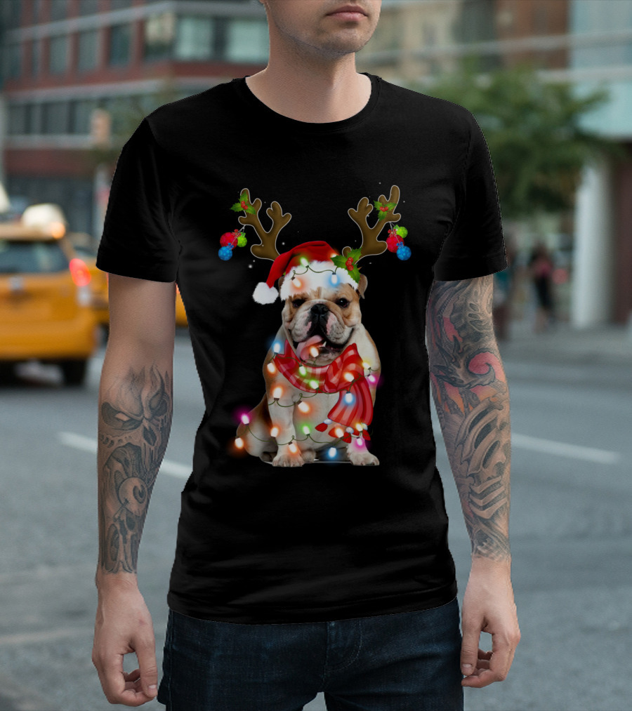 English Bulldog with Santa Hat Reindeer Antlers and Christmas Lights T-Shirt