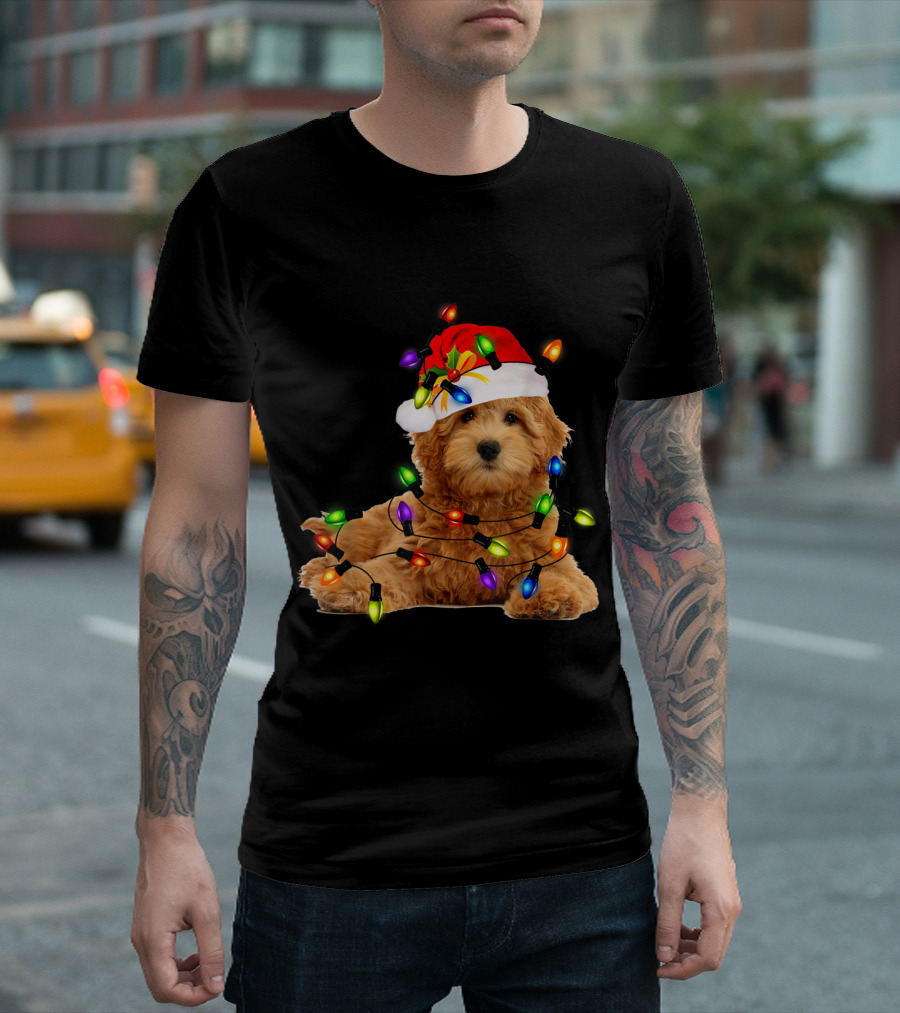 Goldendoodle Christmas Santa Hat with Festive Lights T-Shirt