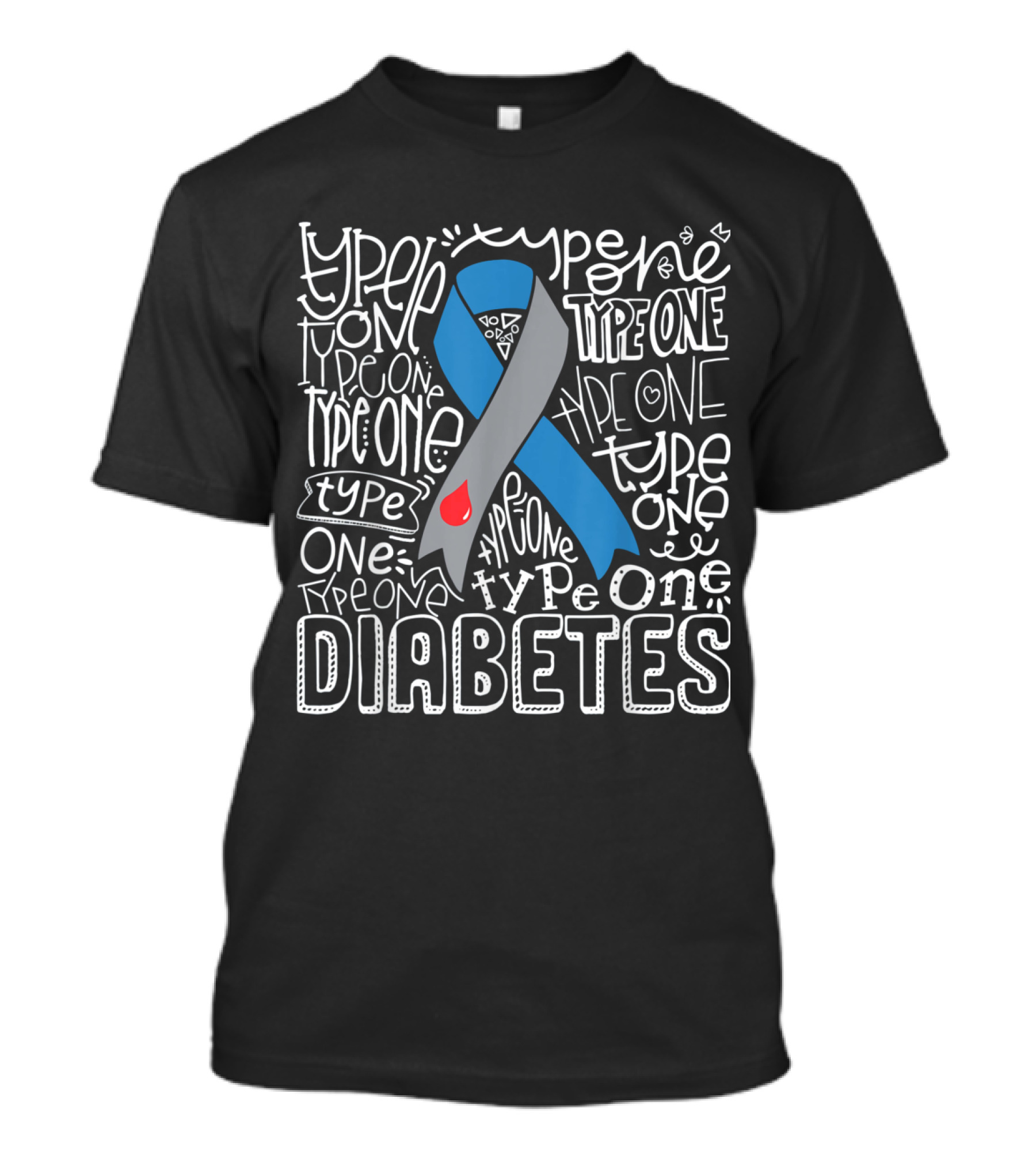 Type One Diabetes Grey Blue Ribbon Typography Awareness T-Shirt
