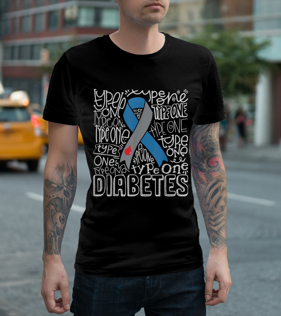 Type One Diabetes Grey Blue Ribbon Typography Awareness T-Shirt