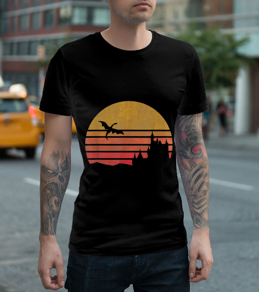 Retro Sunset Dragon Castle RPG Role Playing Game D20 T-Shirt
