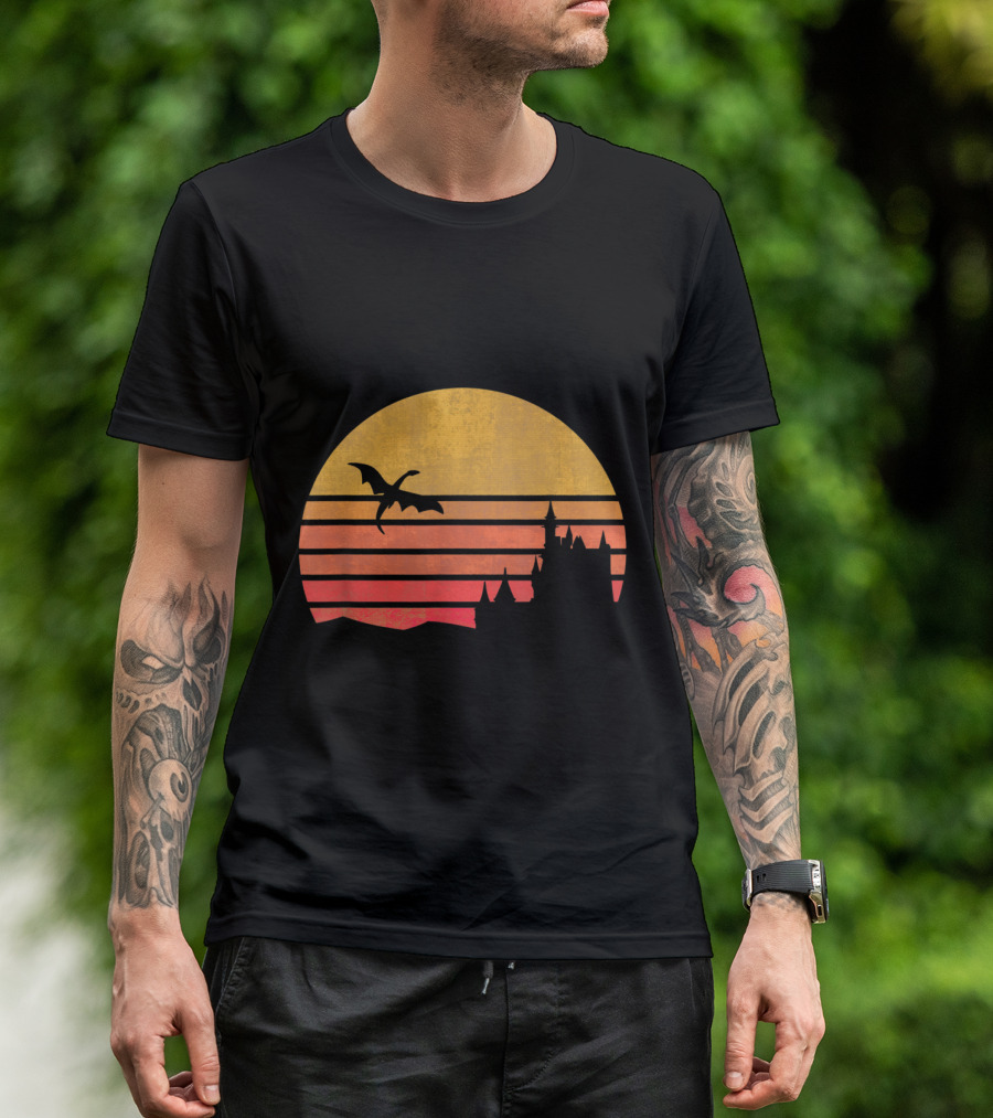 Retro Sunset Dragon Castle RPG Role Playing Game D20 T-Shirt