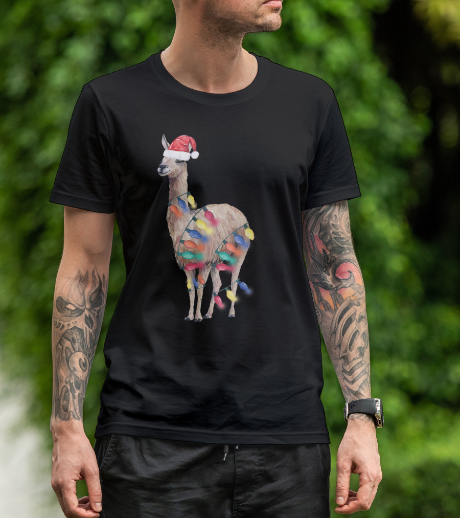 Santa Llama Wrapped In Christmas Lights For Llama Lover T-Shirt