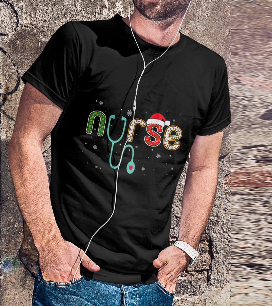 Merry Nurse Stethoscope Snowflakes Santa Hat T-Shirt