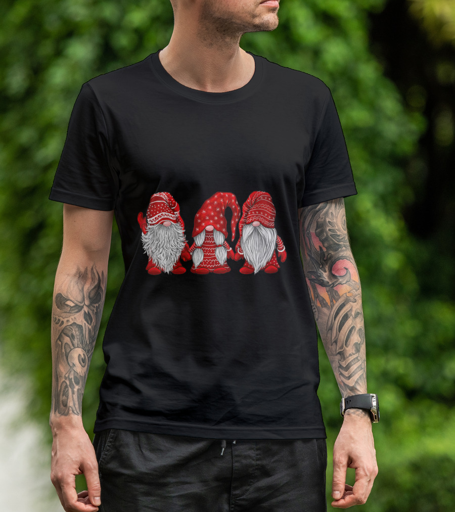 Hanging With Red Gnomies Santa Gnome Christmas Festive Red Gnome Trio T-Shirt