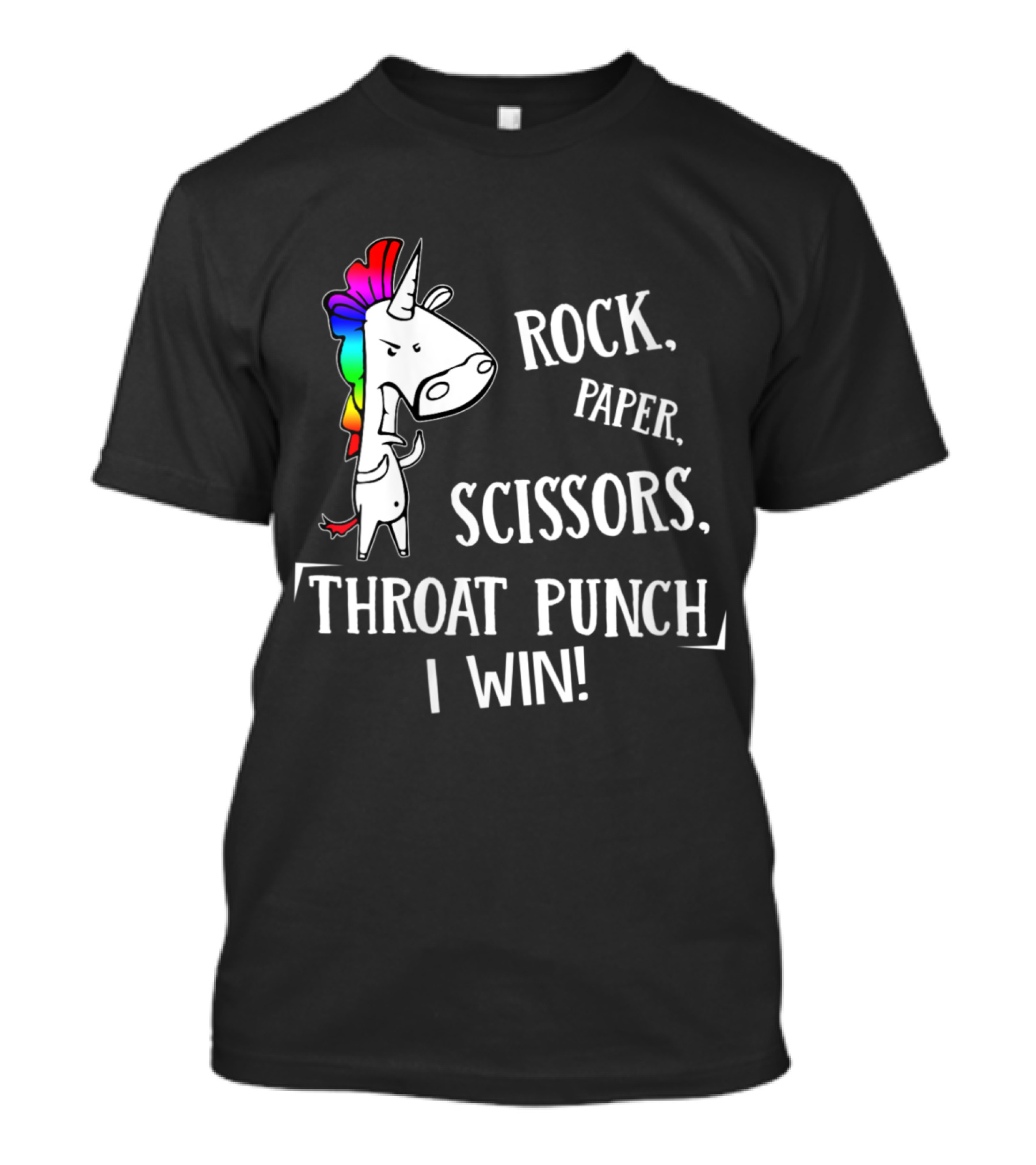 Rock Paper Scissors Throat Punch I Win Angry Unicorn With Rainbow Mane T-Shirt