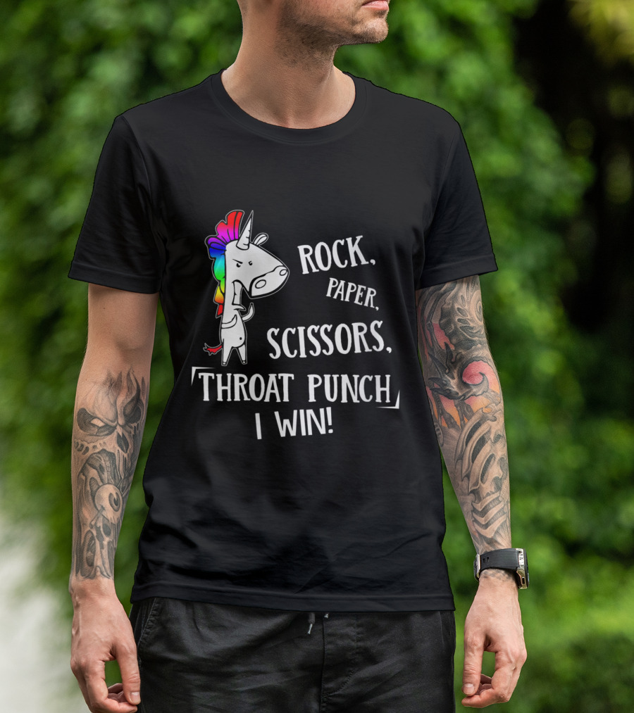 Rock Paper Scissors Throat Punch I Win Angry Unicorn With Rainbow Mane T-Shirt