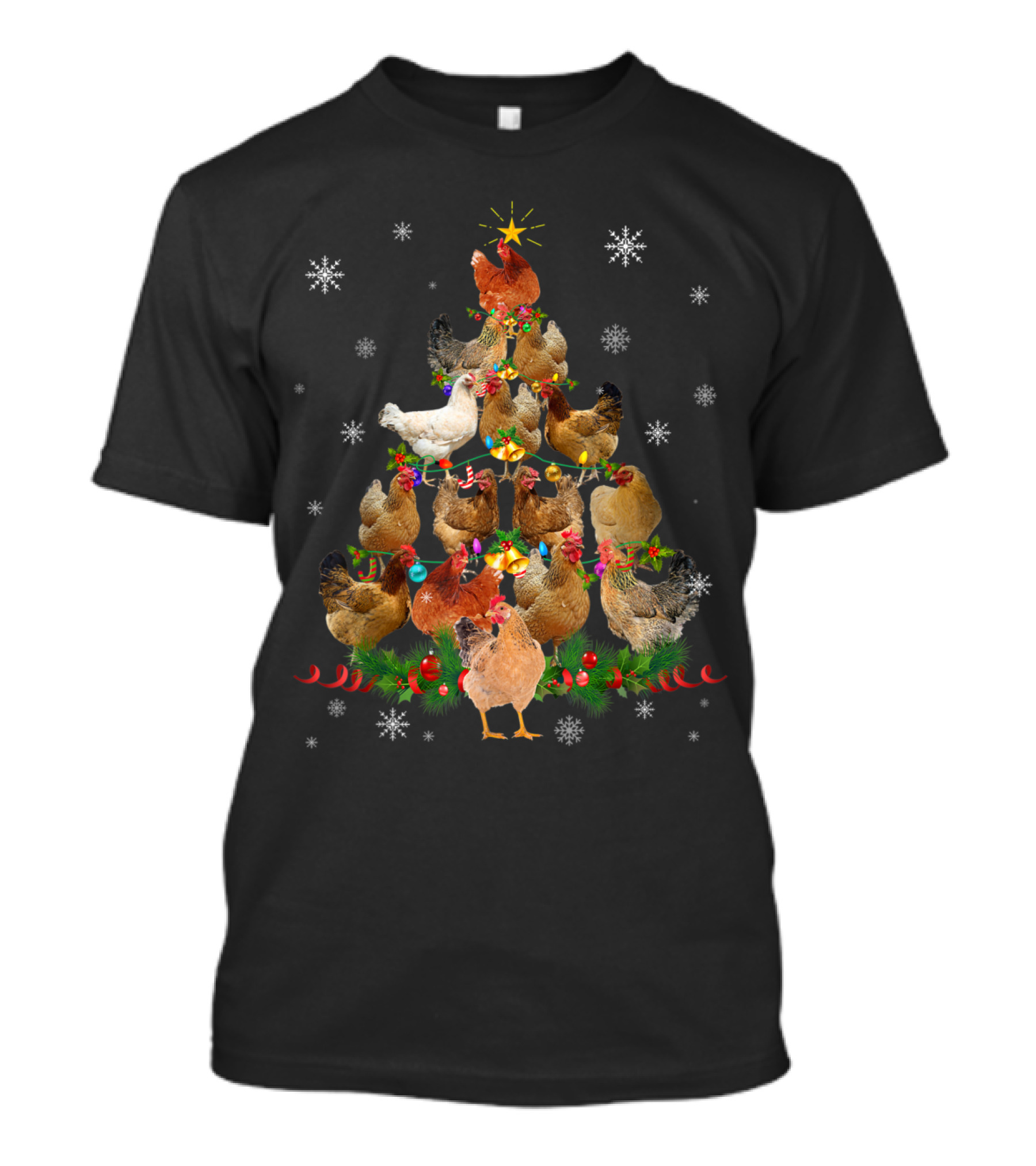Funny Chicken Christmas Tree With Lights And Snowflakes T-Shirt