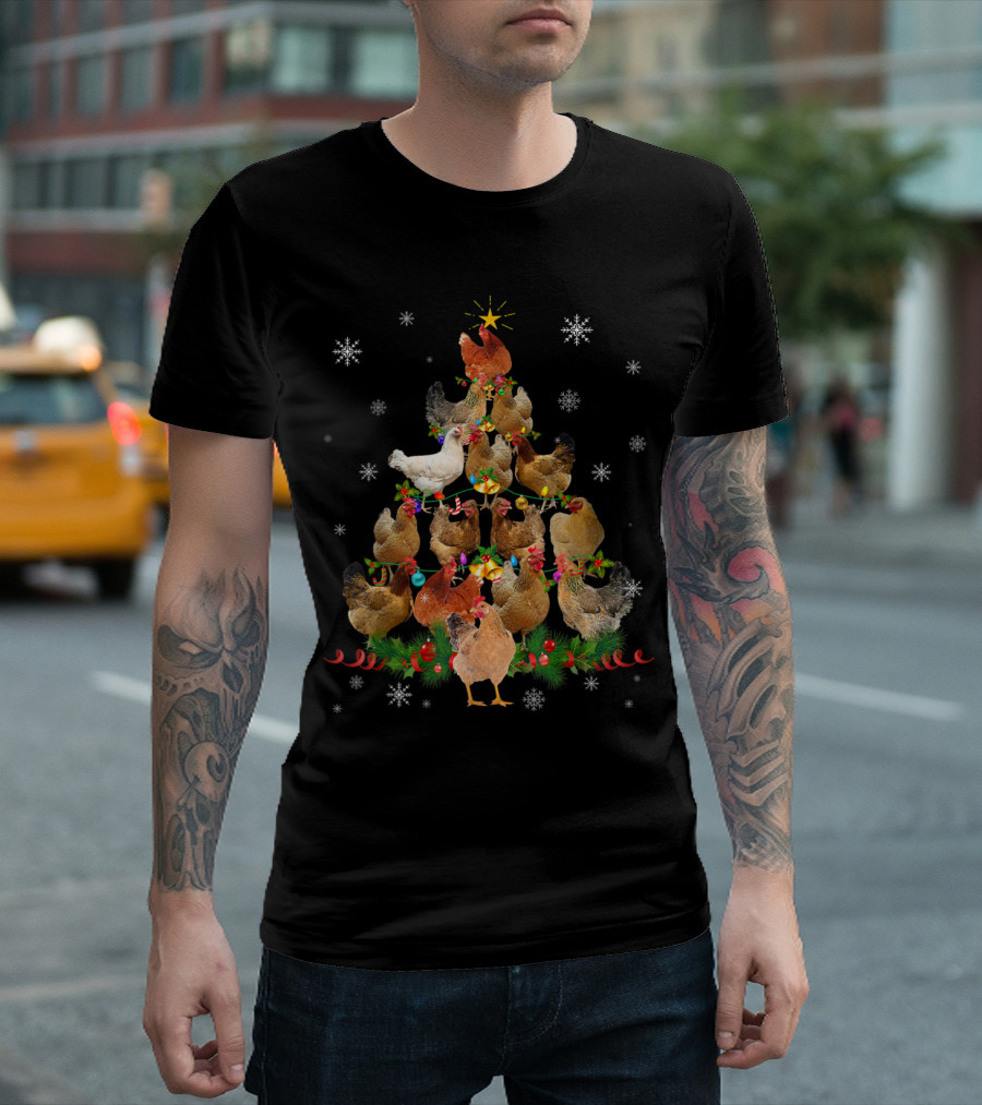 Funny Chicken Christmas Tree With Lights And Snowflakes T-Shirt