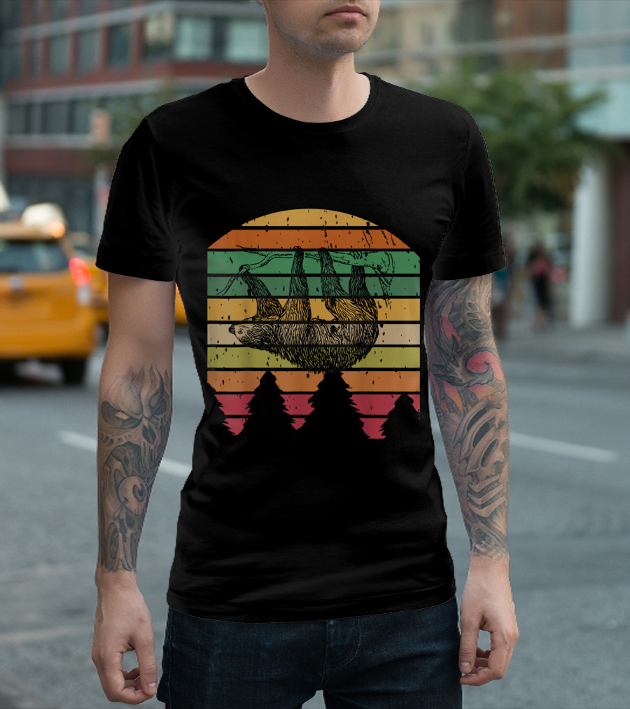 Vintage Sloth Hanging on Branch with Colorful Pine Trees Retro Stripes T-Shirt