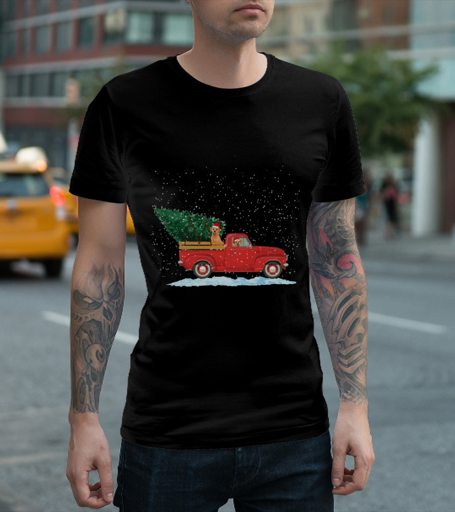 Labrador Retriever in Vintage Red Pickup Truck with Christmas Tree and Snowflakes T-Shirt