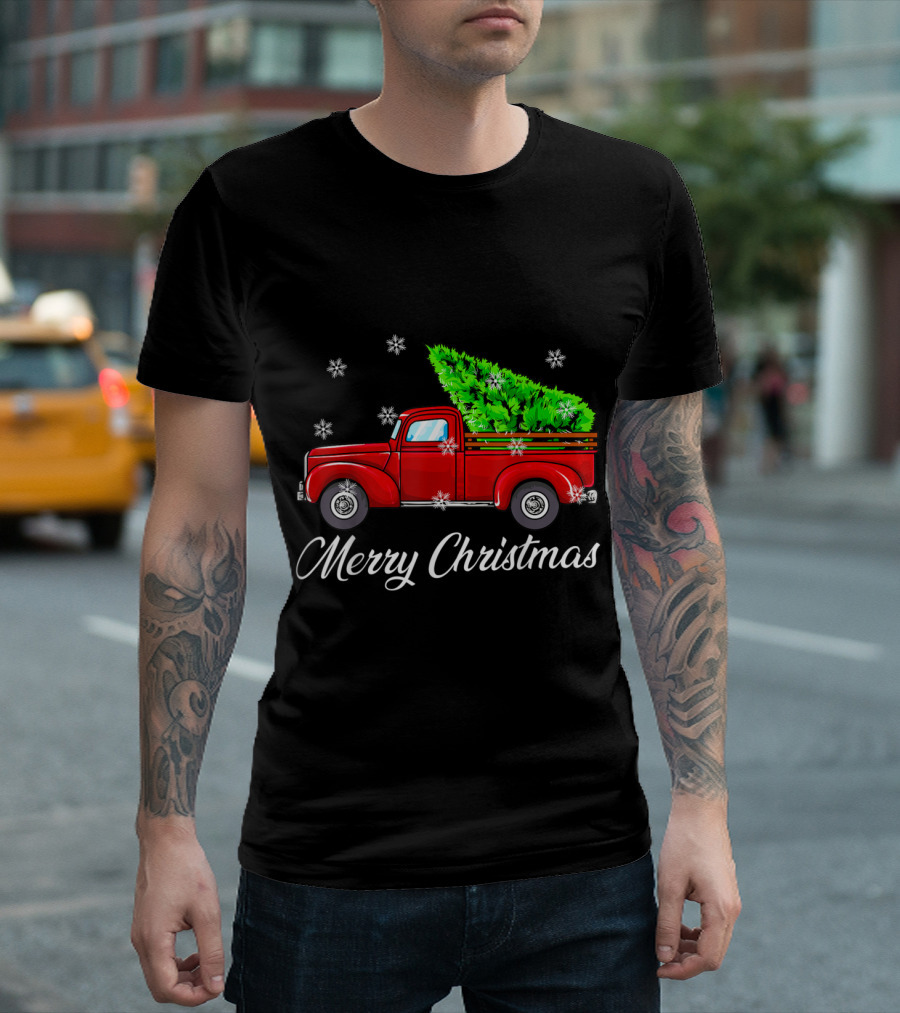 Merry Christmas Vintage Red Truck with Tree and Snowflakes T-Shirt