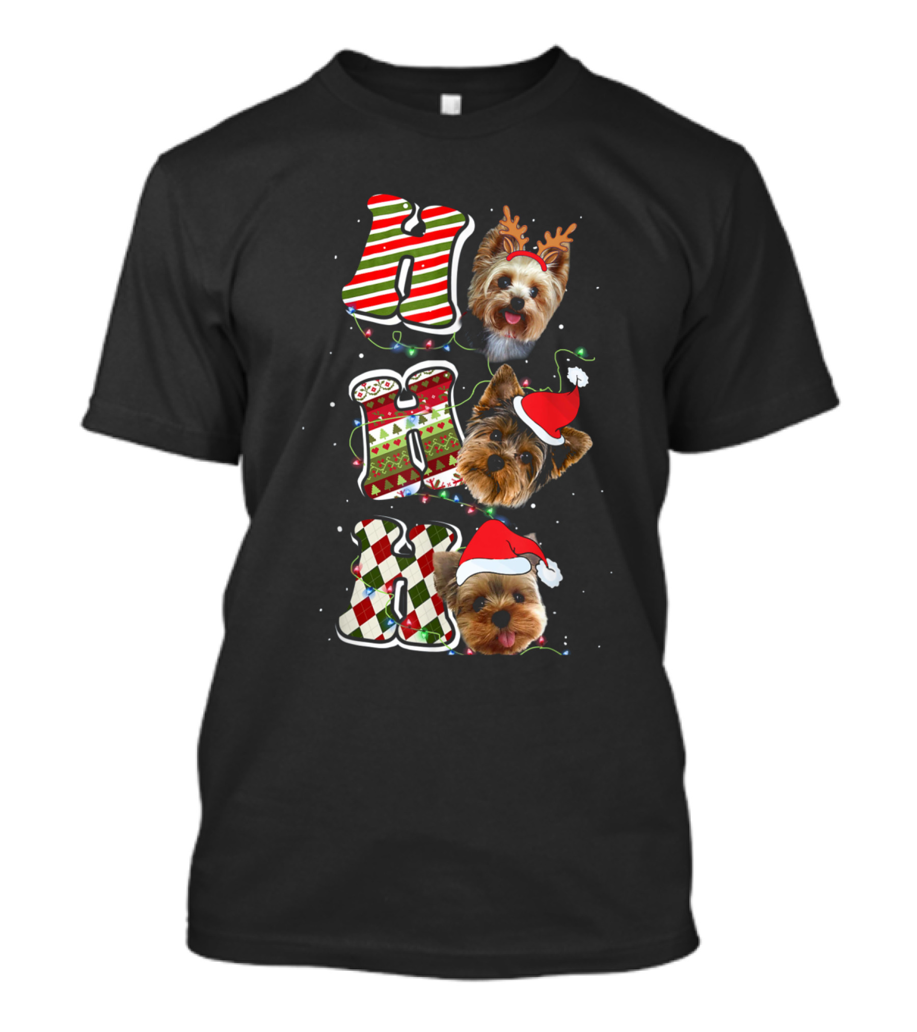 Ho Ho Ho Yorkie Christmas Funny Dog Light Santa Hat T-Shirt