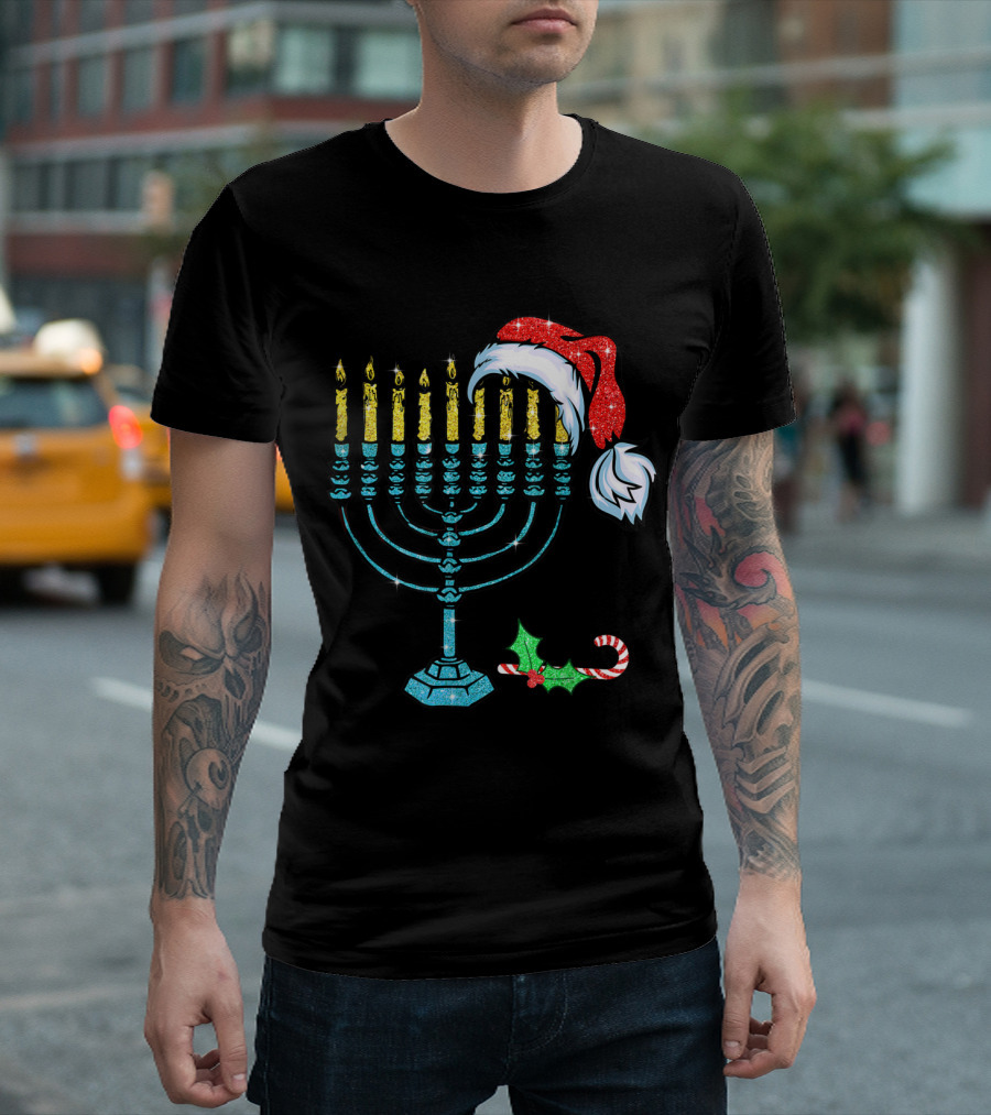 Chrismukkah Menorah Santa Hat Family Candlestick T-Shirt