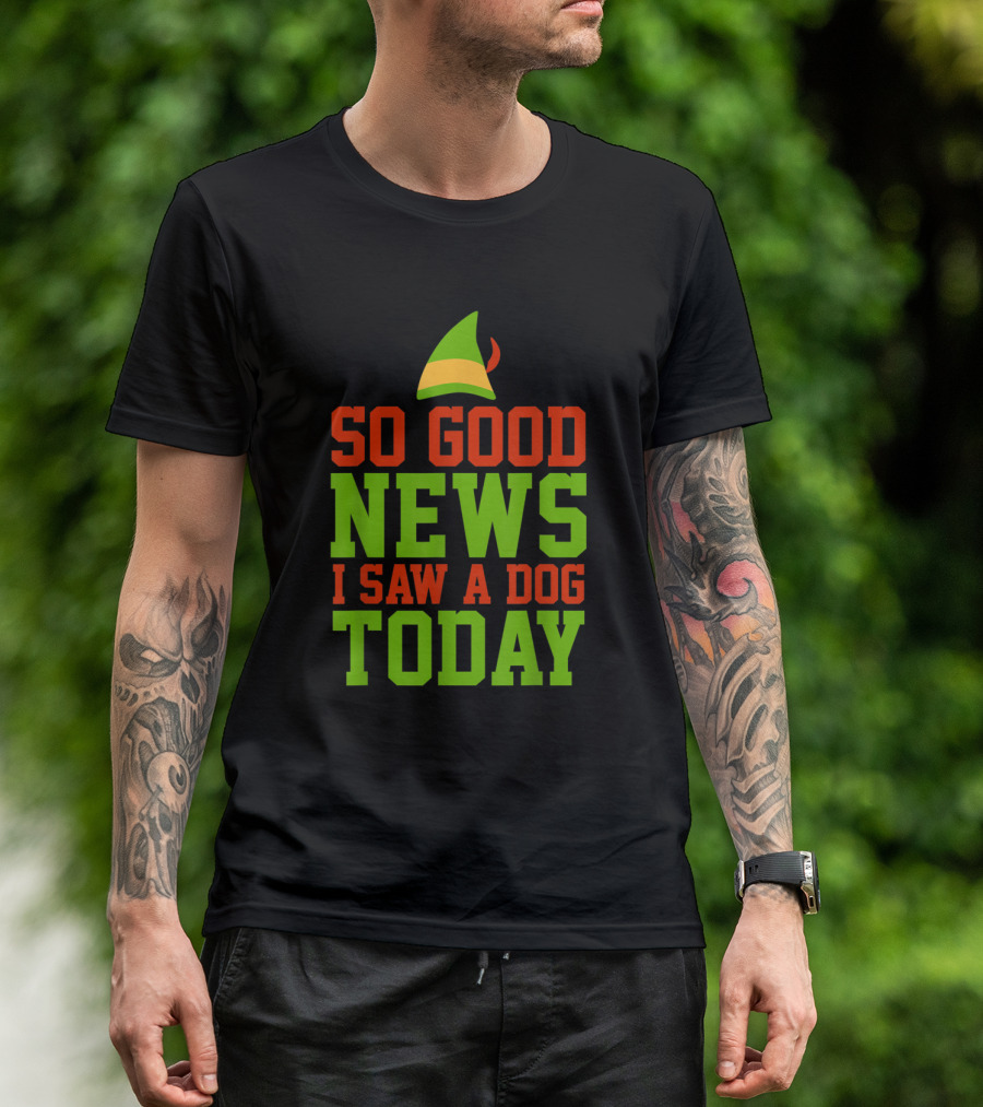 So Good News I Saw A Dog Today Elf Hat Christmas Colors T-Shirt