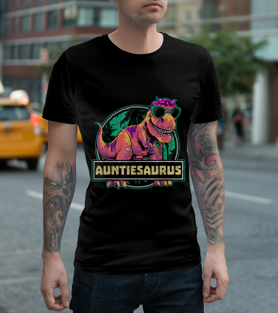 Auntiesaurus Rex Dinosaur Aunt Design with Sunglasses and Bandana T-Shirt
