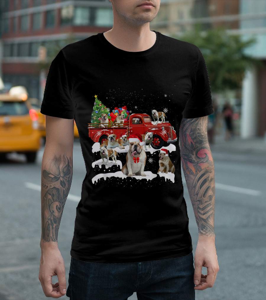 Bulldog Santa Riding Red Truck with Christmas Tree and Snowflakes T-Shirt