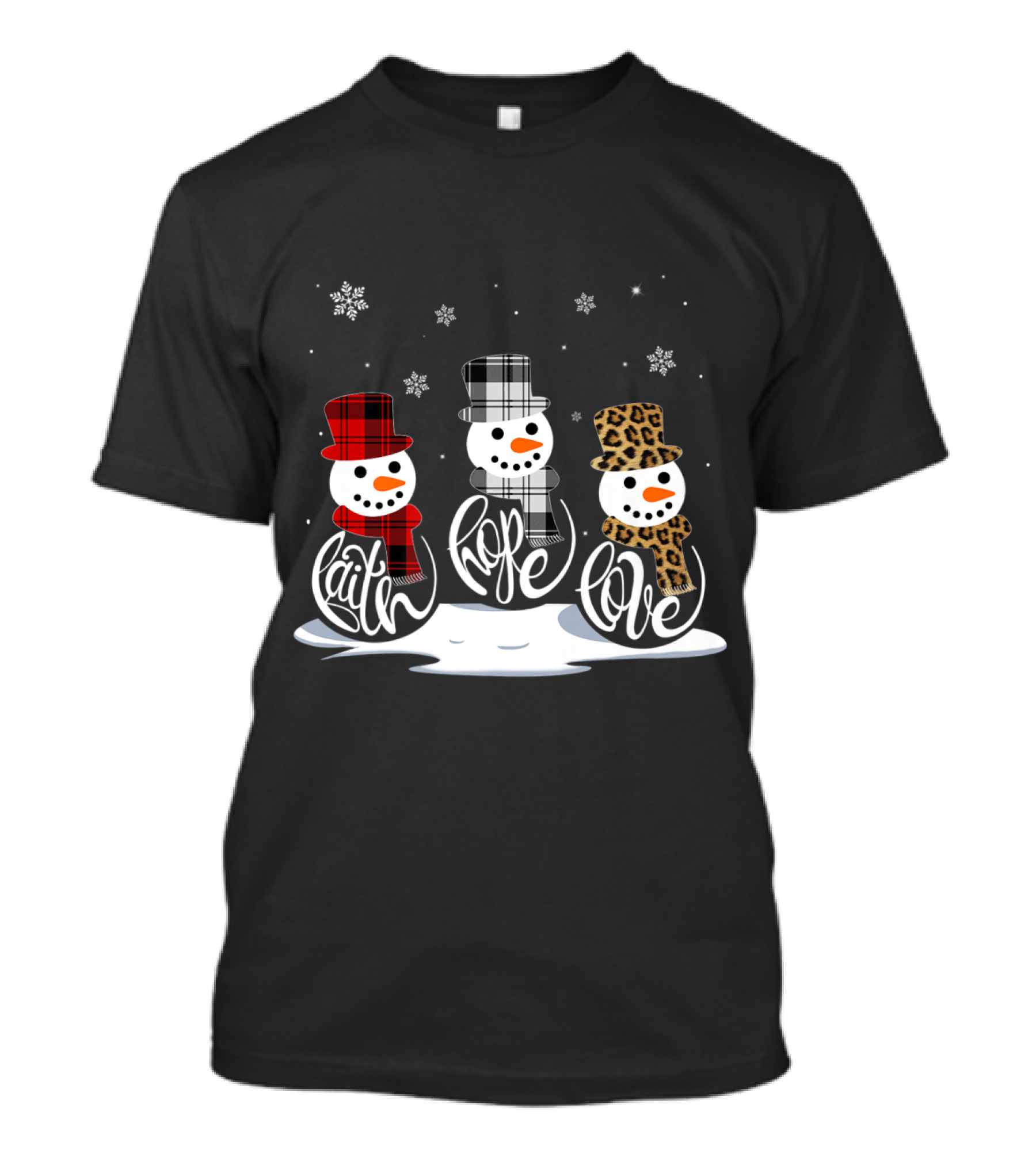 Faith Hope Love Snowmen With Plaid And Leopard Print Hats Christmas T-Shirt