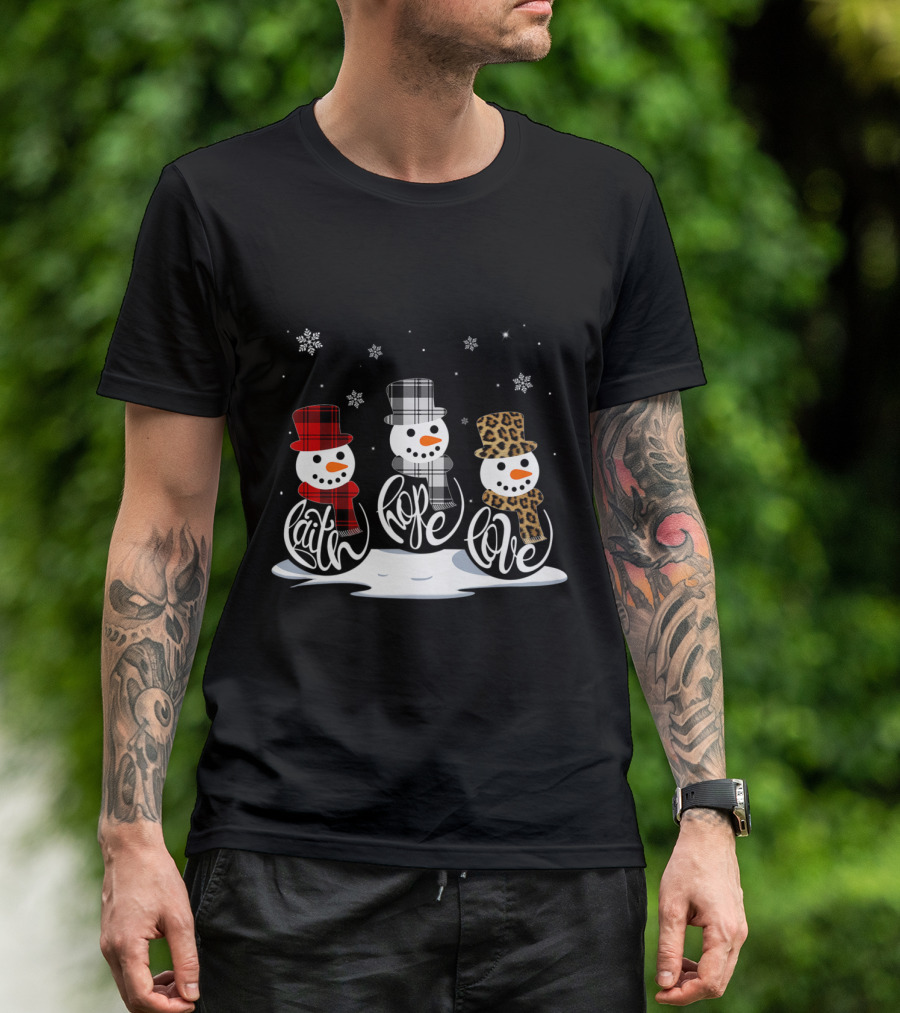Faith Hope Love Snowmen With Plaid And Leopard Print Hats Christmas T-Shirt