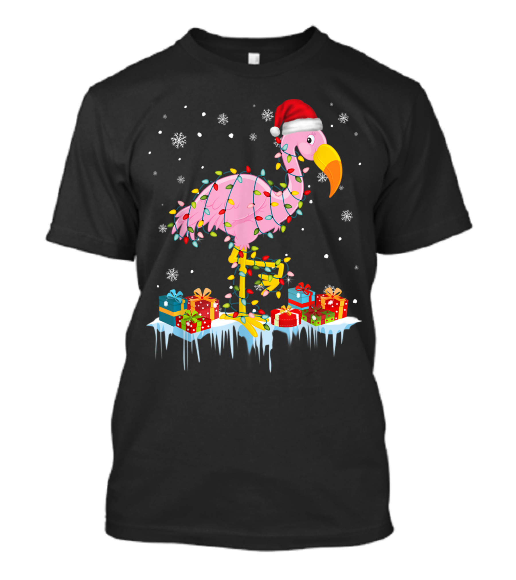 Flamingo Christmas Tree Santa Hat Lights Snowflakes Presents X Mas Ornament Decor T-Shirt