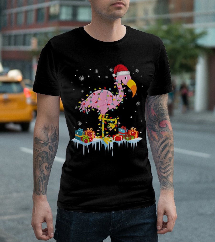 Flamingo Christmas Tree Santa Hat Lights Snowflakes Presents X Mas Ornament Decor T-Shirt