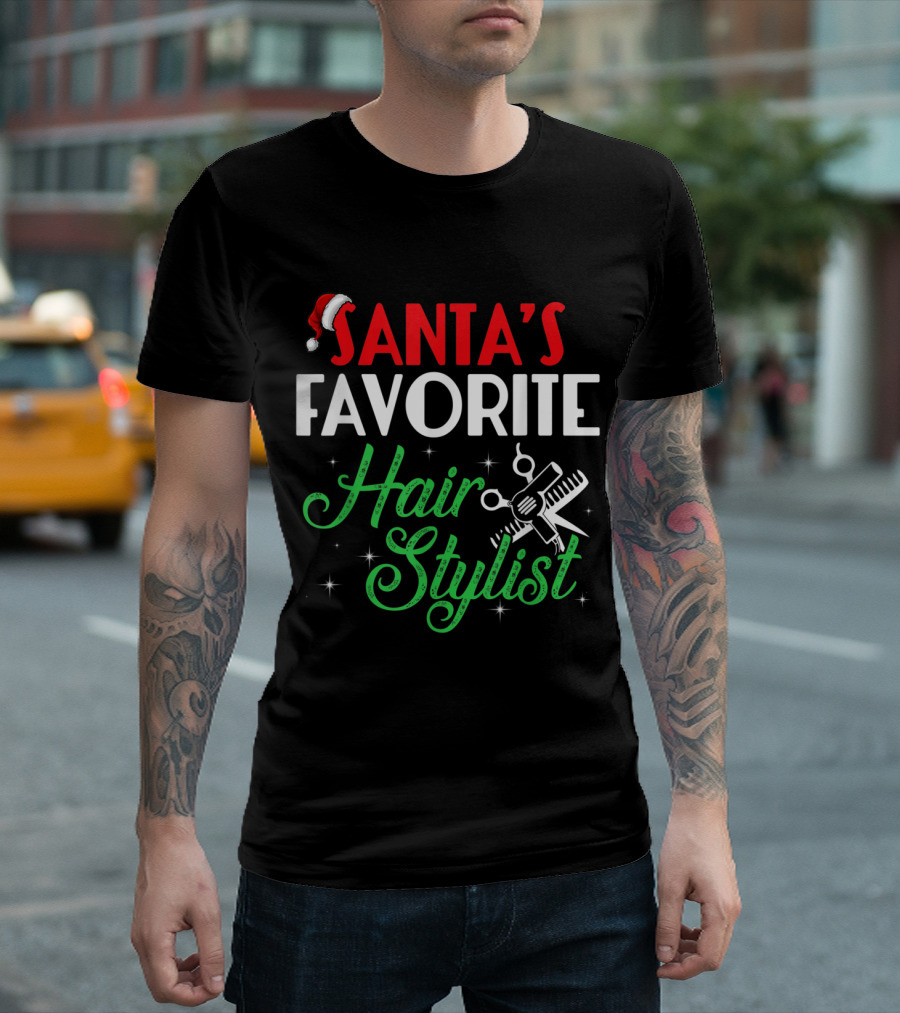 Santa's Favorite Hairstylist with Christmas Hat and Scissors T-Shirt