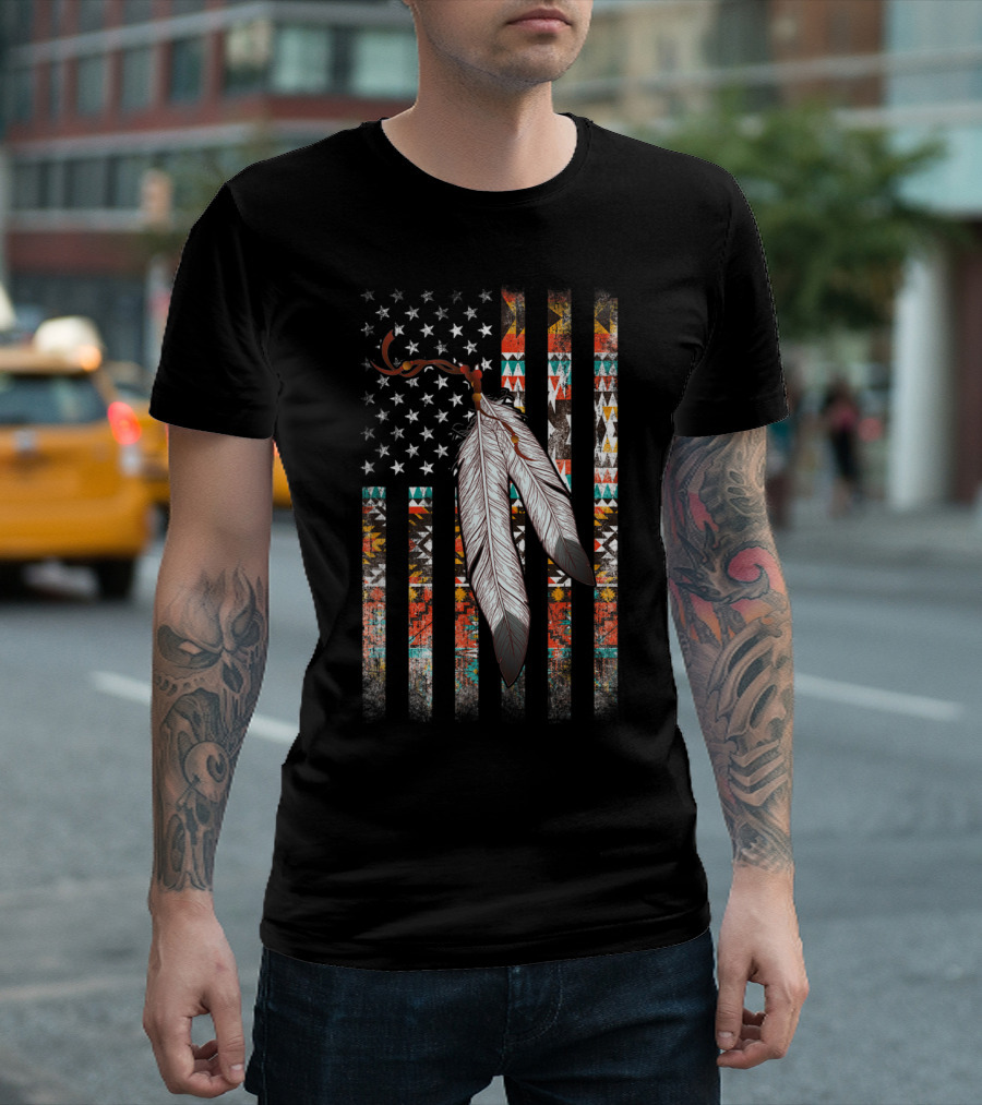 American Flag Native Tribe Feather Pattern Pride T-Shirt
