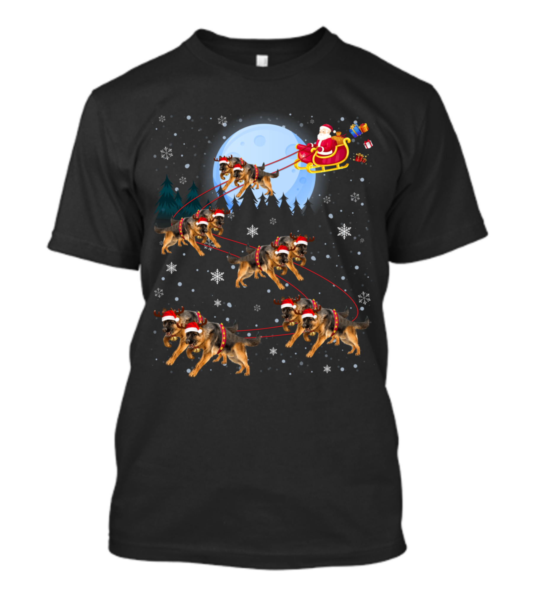 German Shepherds Pulling Santa Sleigh Under Full Moon Snowflakes T-Shirt