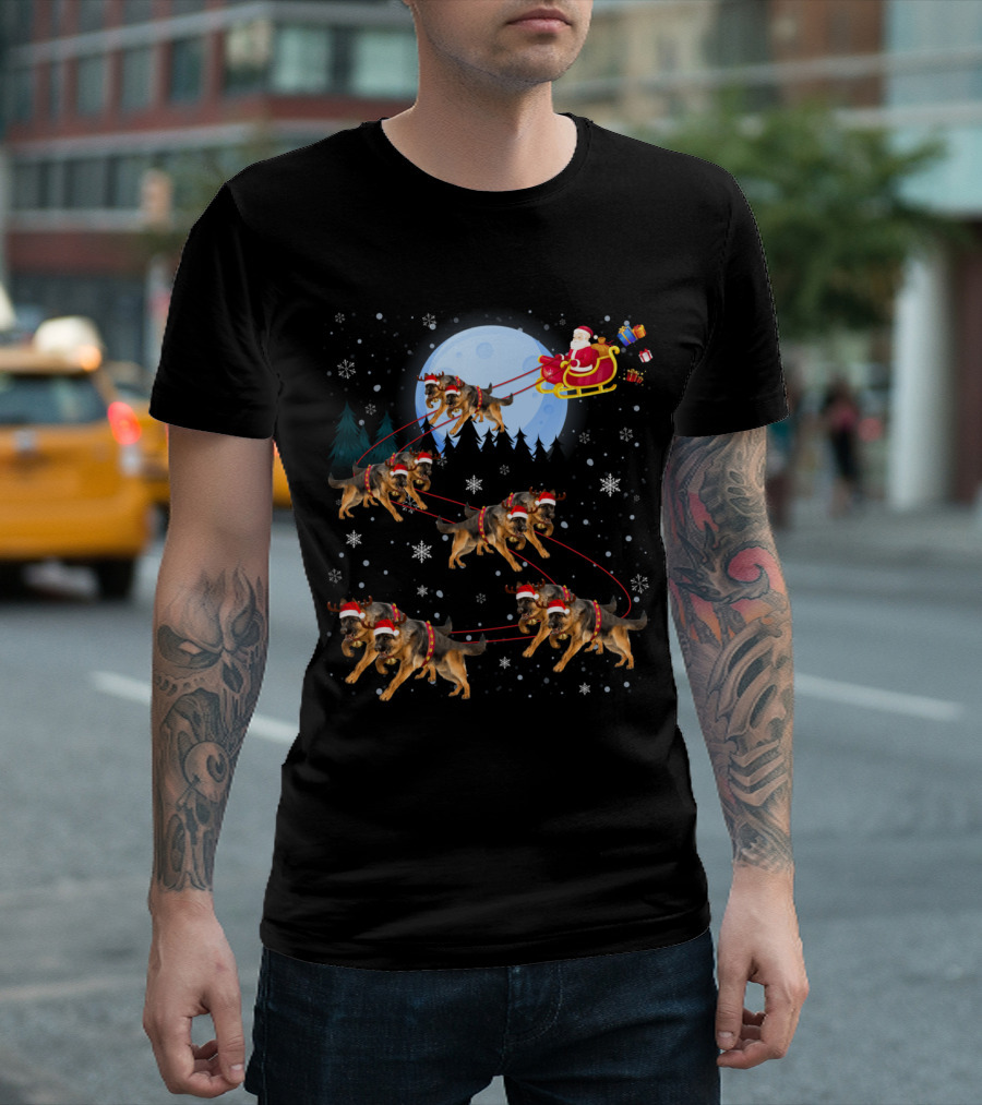 German Shepherds Pulling Santa Sleigh Under Full Moon Snowflakes T-Shirt