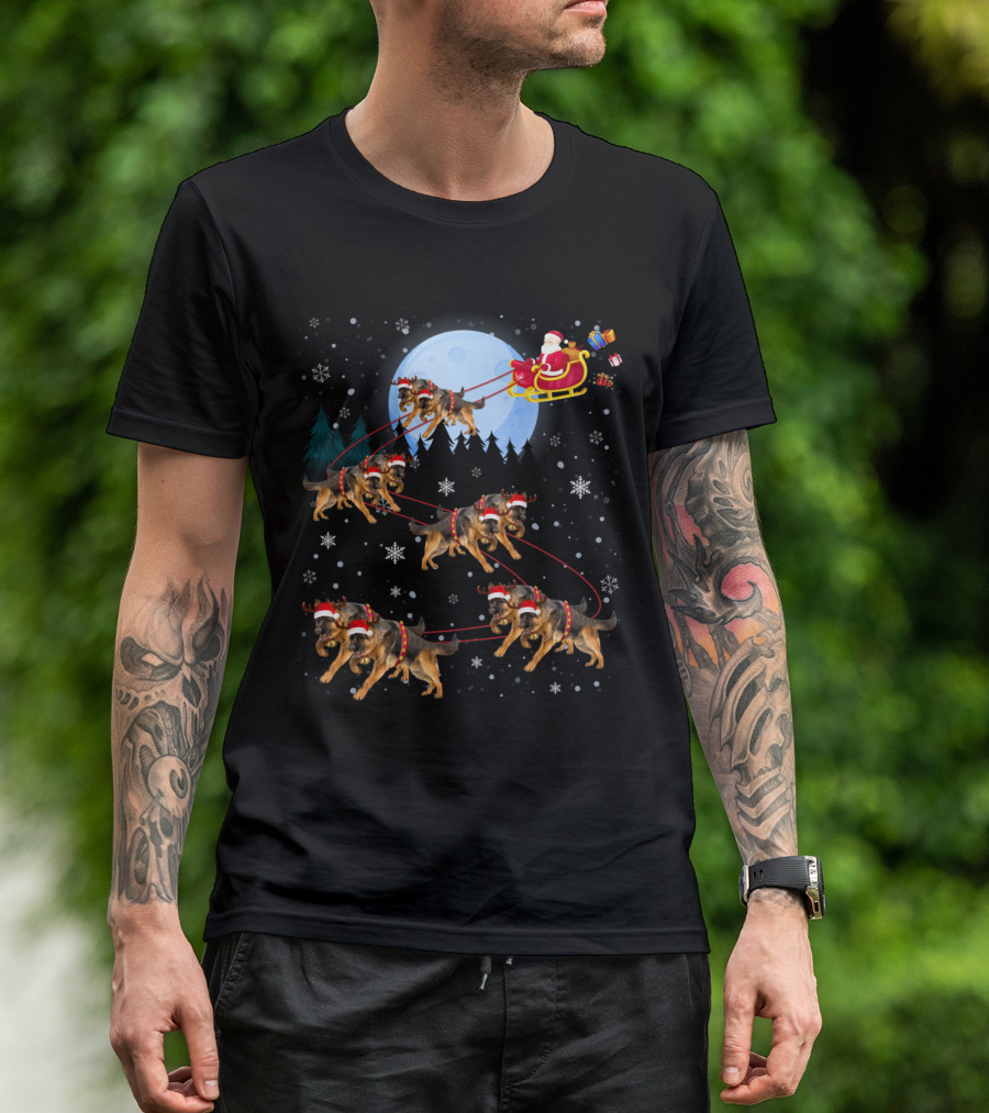 German Shepherds Pulling Santa Sleigh Under Full Moon Snowflakes T-Shirt
