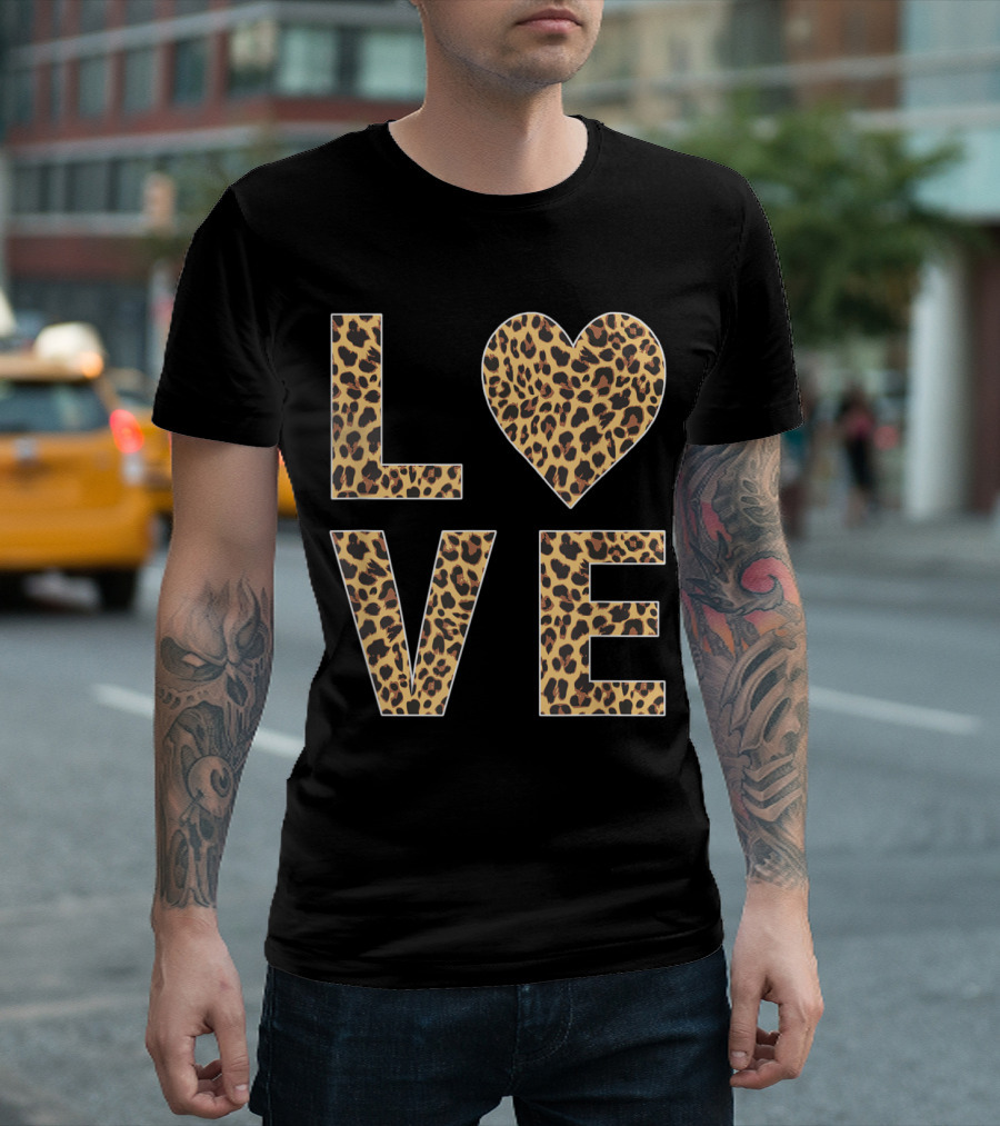 Leopard Skin Love Heart Typography T-Shirt