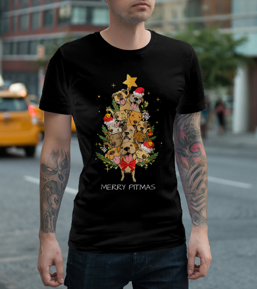 Merry Pitmas Pitbull Christmas Tree with Santa Hats and Ornaments T-Shirt
