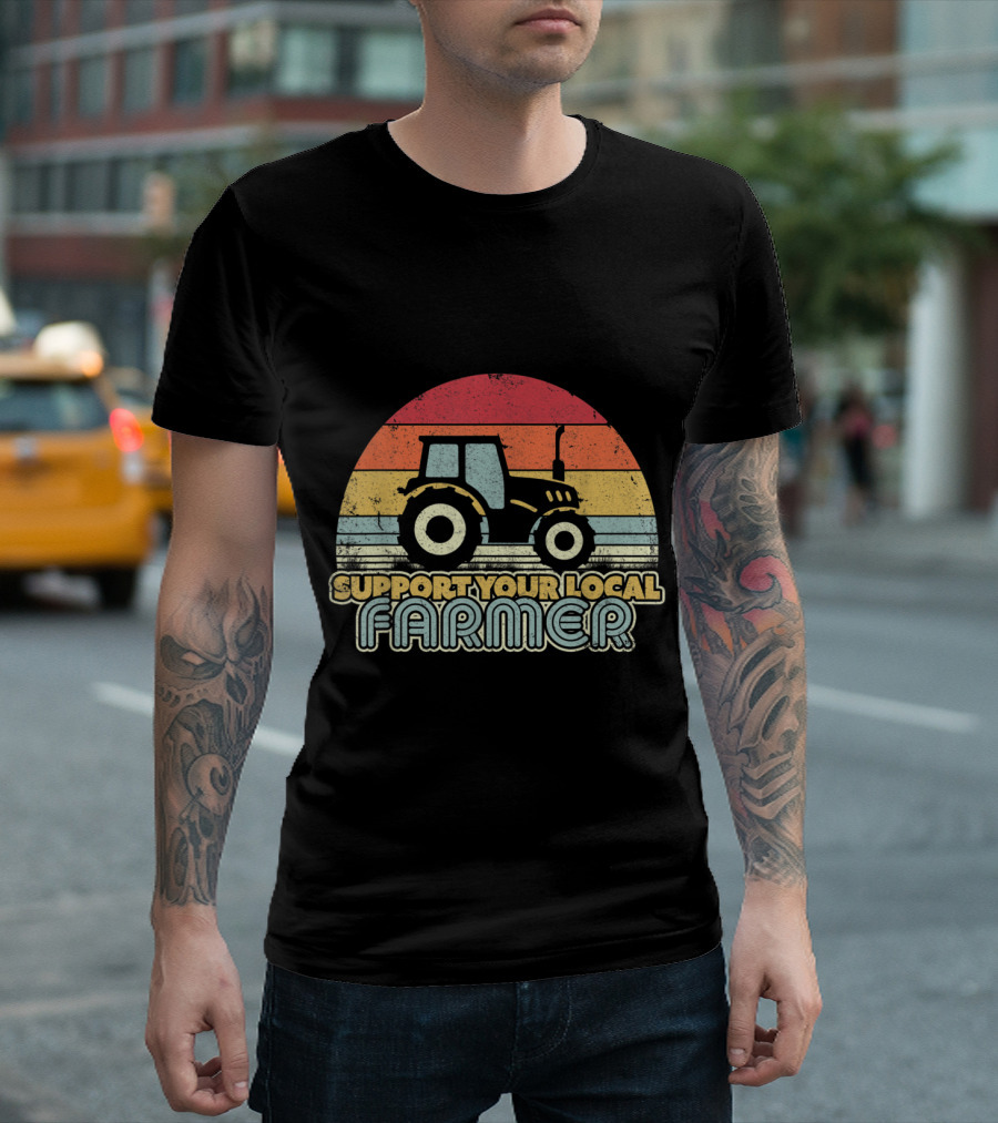 Support Your Local Farmer Vintage Tractor Retro Stripe T-Shirt