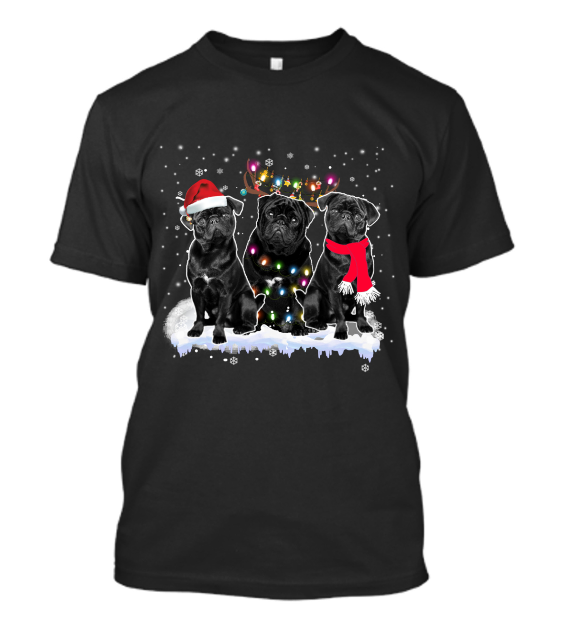 Three Black Pug Christmas Santa Hat Reindeer Lights Snowflakes T-Shirt