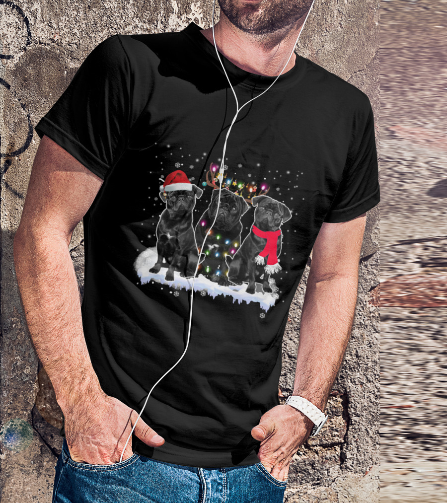 Three Black Pug Christmas Santa Hat Reindeer Lights Snowflakes T-Shirt