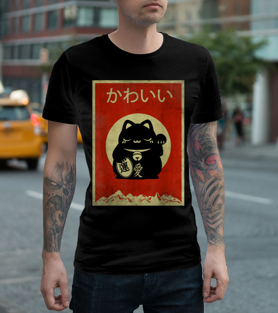 Kawaii Vintage Japanese Lucky Cat Anime Charm Fortune Retro T-Shirt