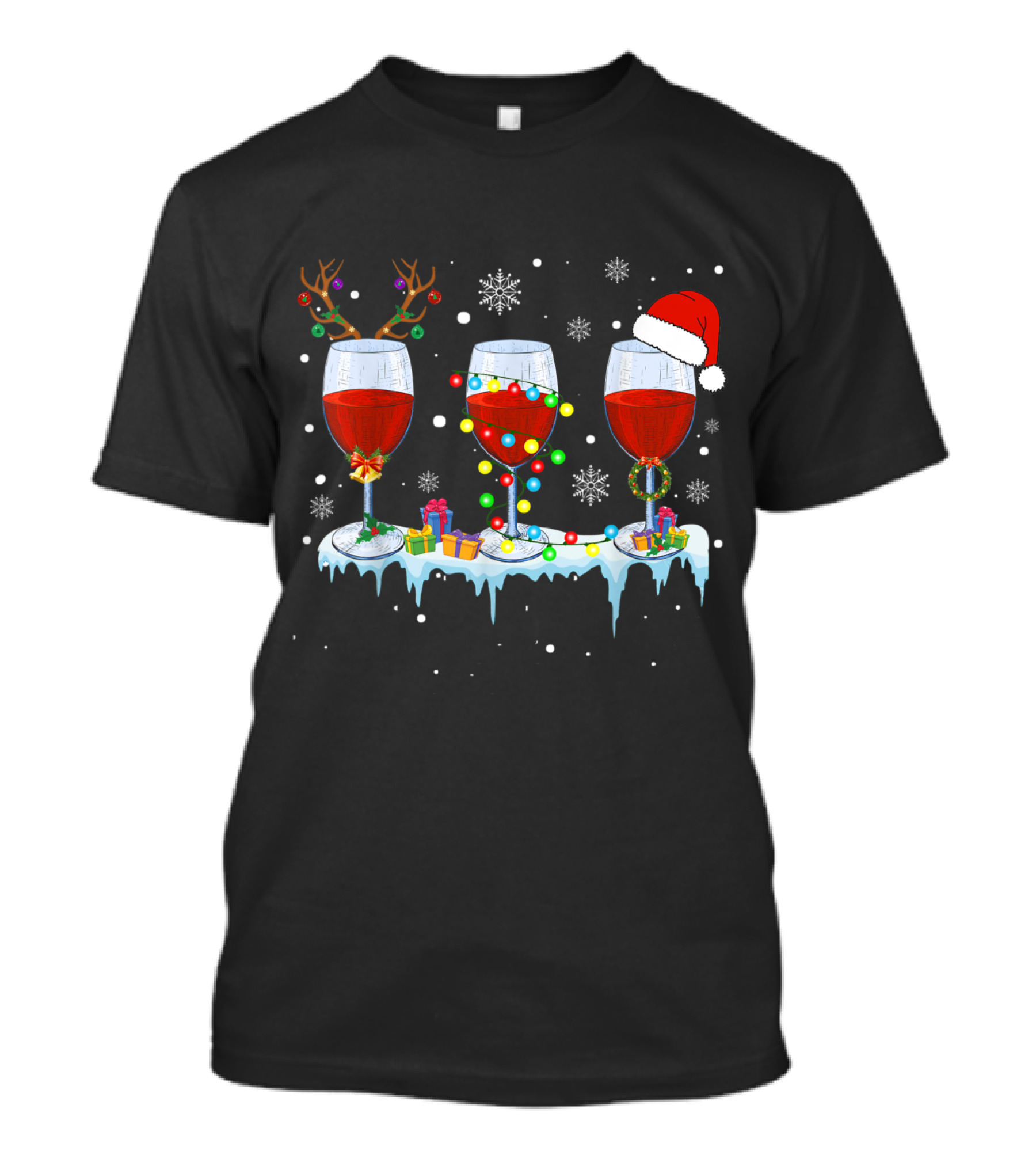 Three Glass Of Red Wine Funny Drinker Christmas Holiday Snowflakes Santa Reindeer Lights Gifts T-Shirt