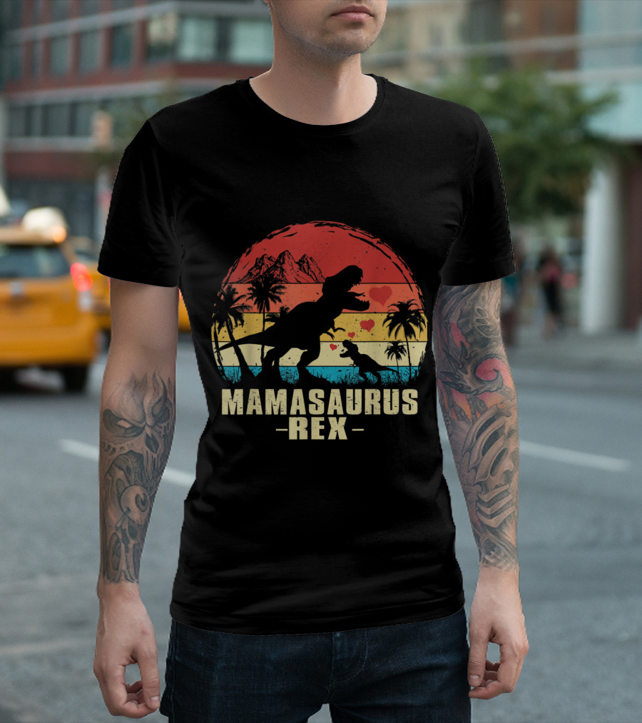 Mamasaurus Rex Dinosaur Silhouette with Sunset and Palm Trees T-Shirt
