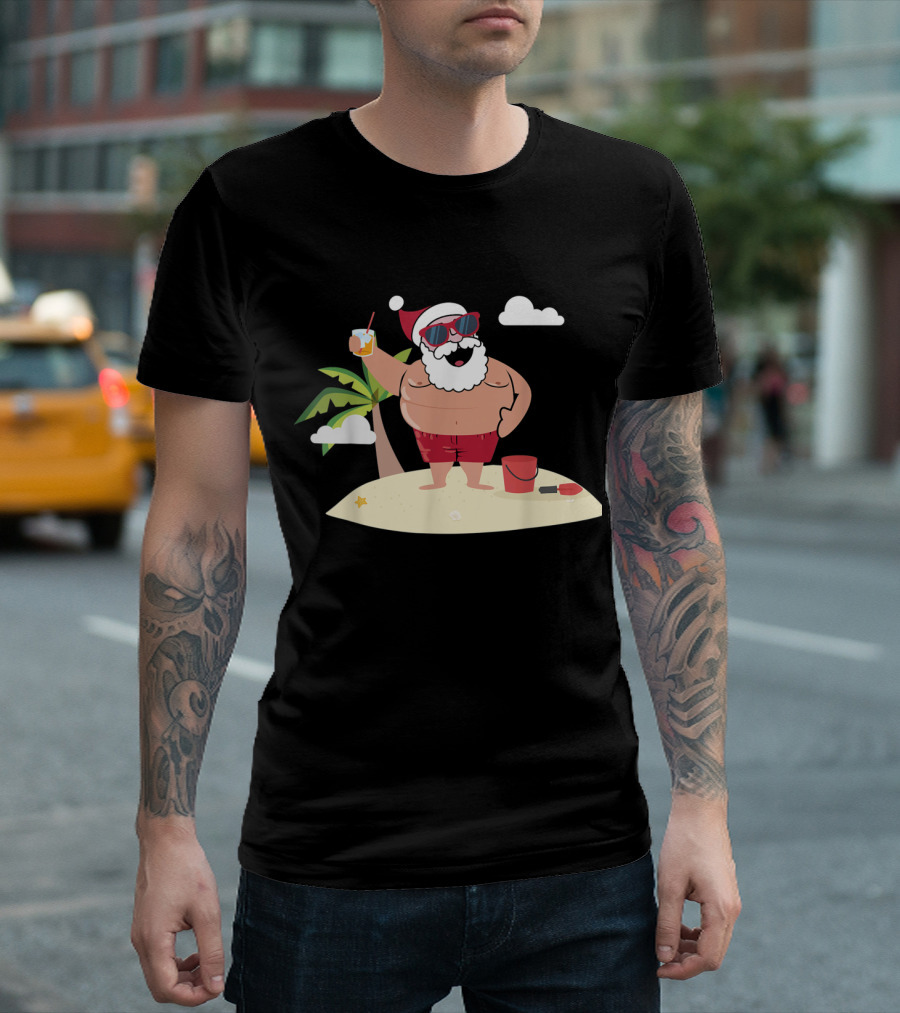 Beach Santa Tropical Christmas Palm Trees and Drinks Holiday Fun T-Shirt