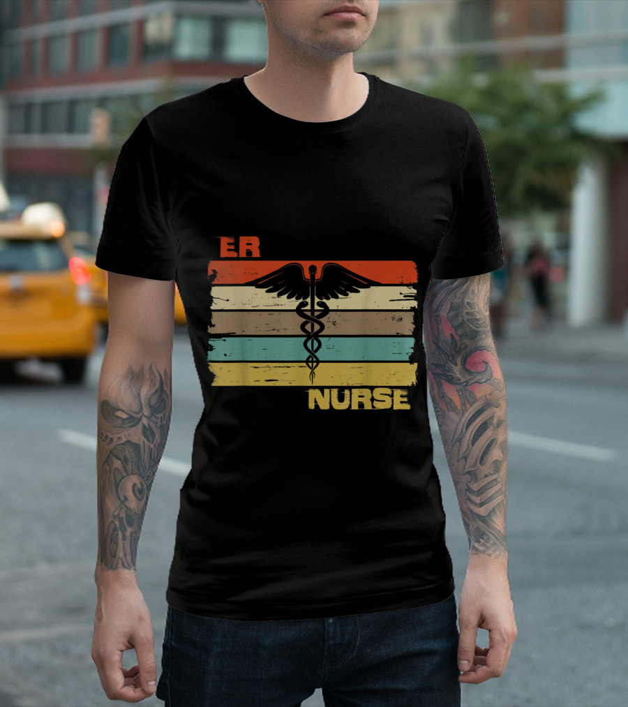 ER Nurse Caduceus Emblem Retro Vintage Stripe T-Shirt