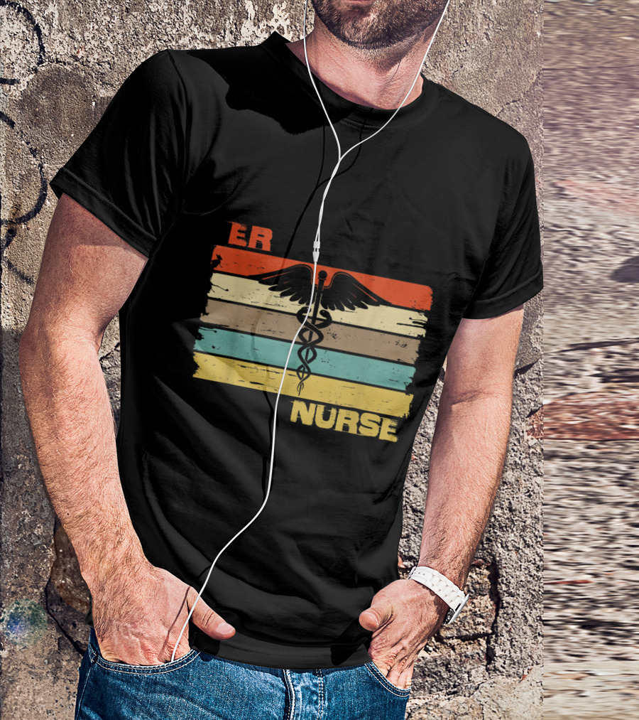 ER Nurse Caduceus Emblem Retro Vintage Stripe T-Shirt