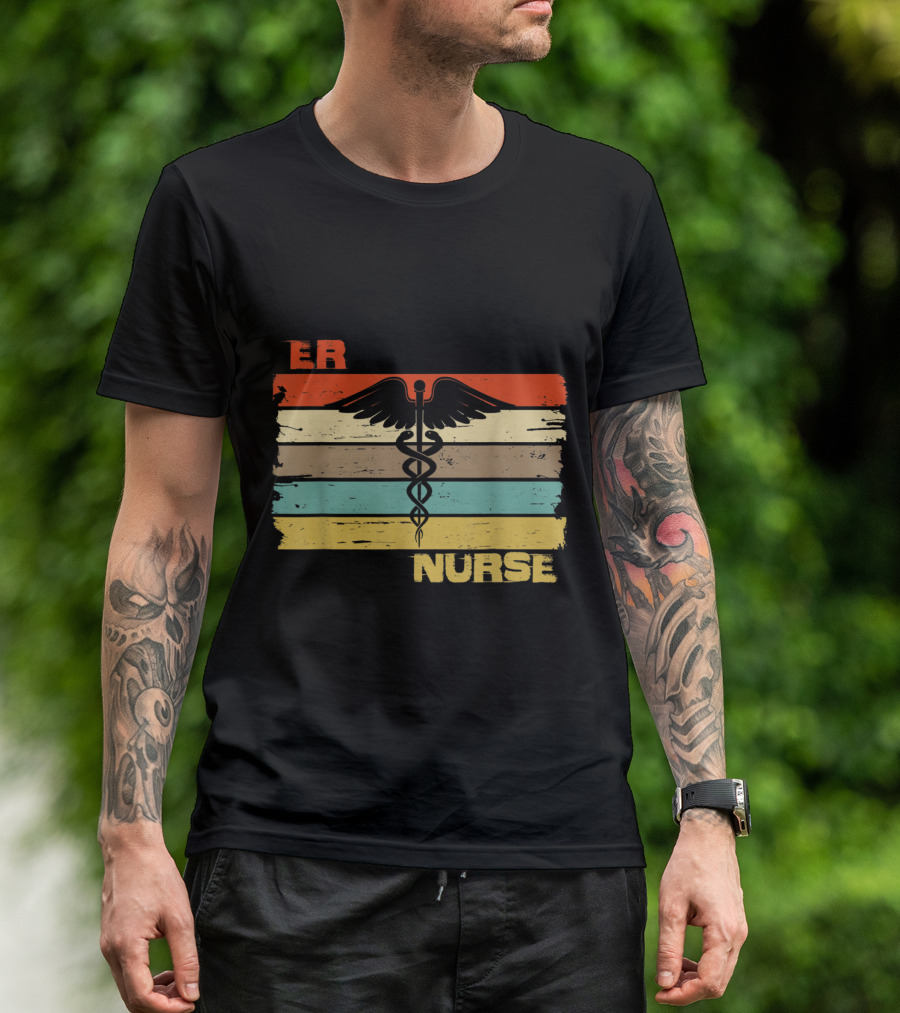 ER Nurse Caduceus Emblem Retro Vintage Stripe T-Shirt