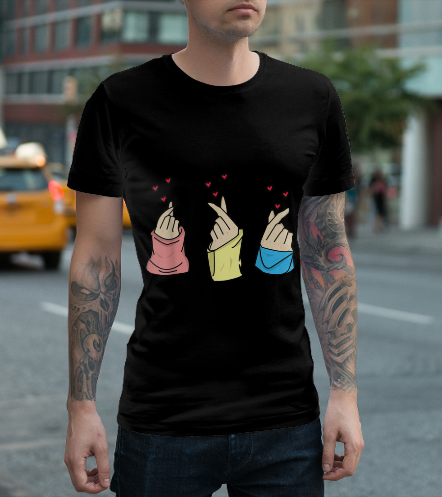 Kpop Oppa Korean Finger Heart Sign with Cute Colored Sleeves T-Shirt