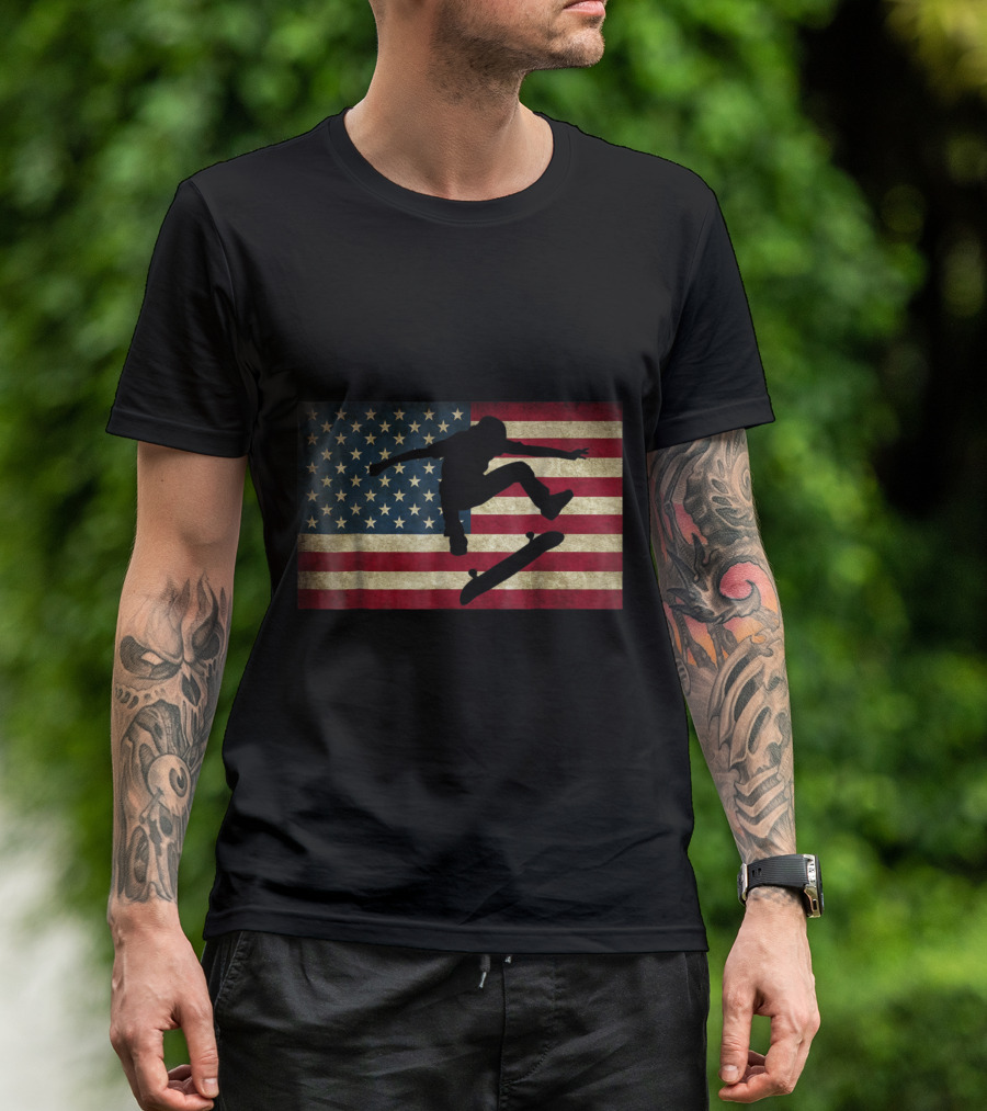 American Flag With Skateboarding T-Shirt