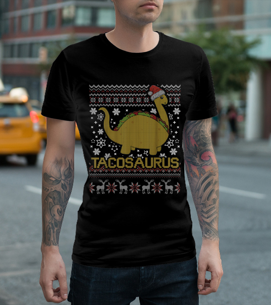 Tacosaurus Santa Hat Dinosaur Ugly Christmas T-Shirt