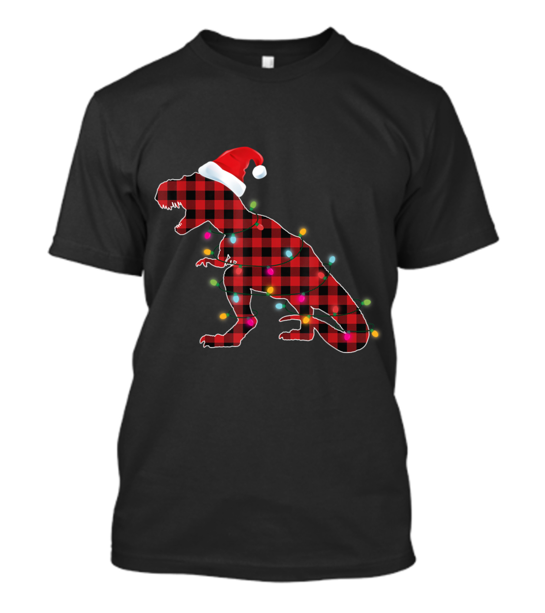 Plaid Buffalo Dinosaur With Santa Hat And Christmas Lights T-Shirt