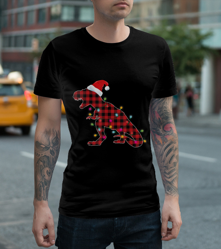 Plaid Buffalo Dinosaur With Santa Hat And Christmas Lights T-Shirt