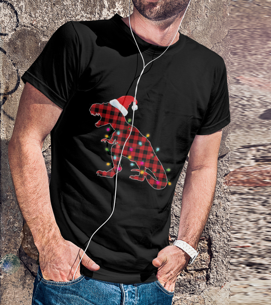 Plaid Buffalo Dinosaur With Santa Hat And Christmas Lights T-Shirt