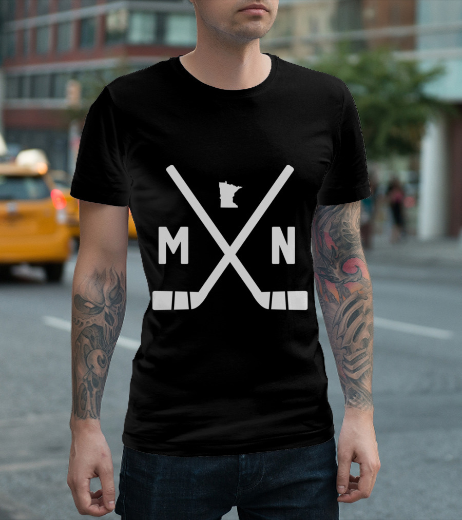 Minnesota Hockey Sticks Crossed with State Outline MN T-Shirt